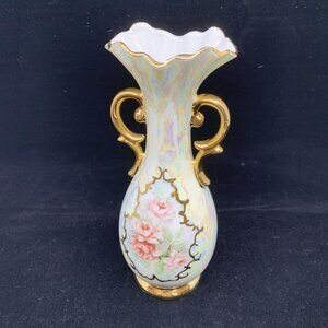 Vintage Italian Rossini Porcelain Vase 8.5" Hand Painted Roses Gold Gilt MCM